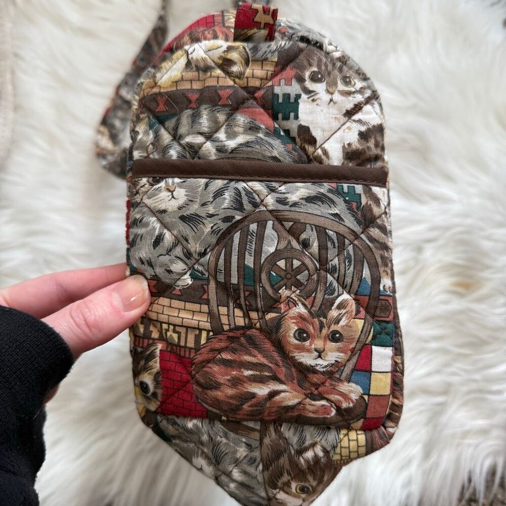 Vintage 1990s Cat Tapestry Quilted Bag Purse Tote Fabric Shoulder - Picture 3 of 8